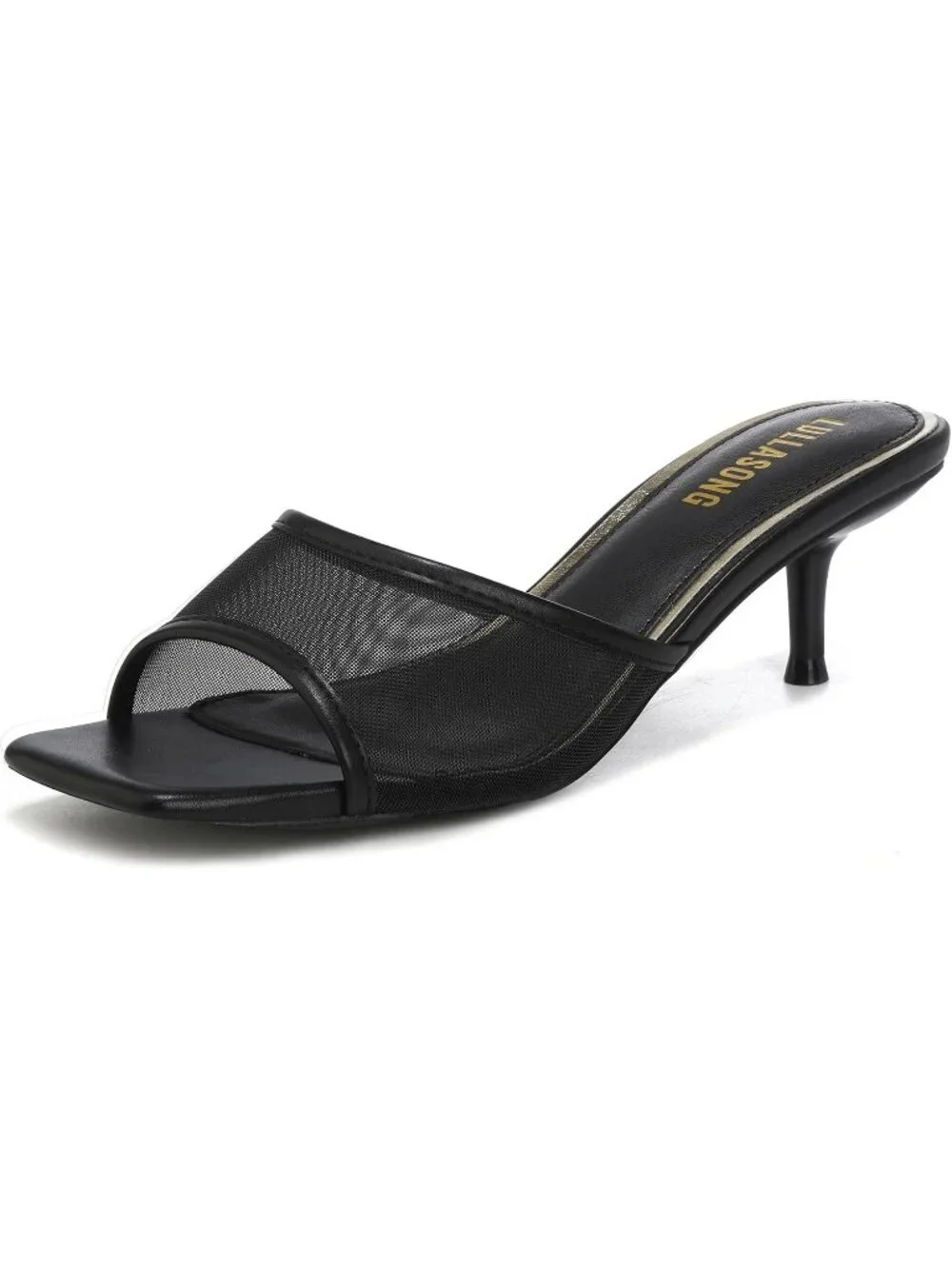 Women's Mesh Black Faux Leather Square Open Toe Low Heel 2 Inch Heeled Sandal